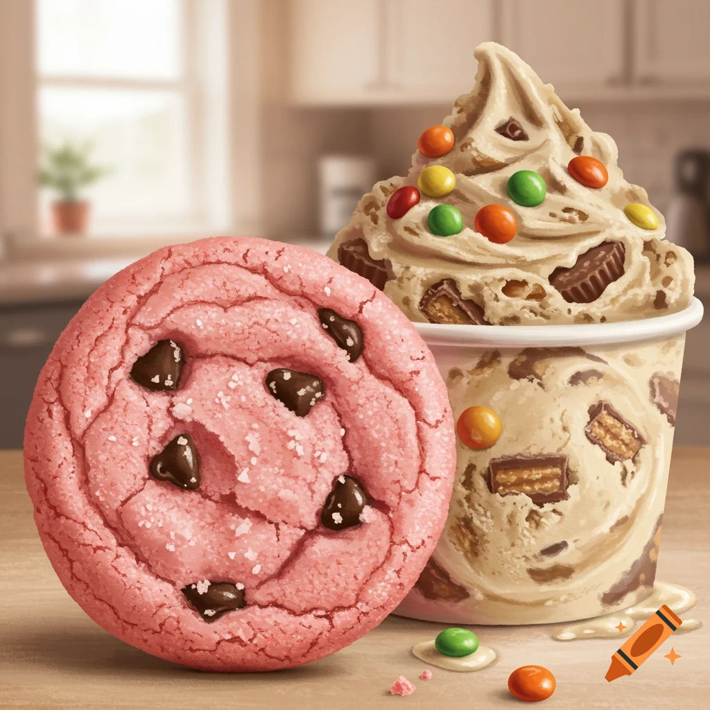 A vibrant pink sugar cookie with chocolate chips stands next to a cup of creamy ice cream swirled with peanut butter cups and topped with colorful candies in a kitchen setting.