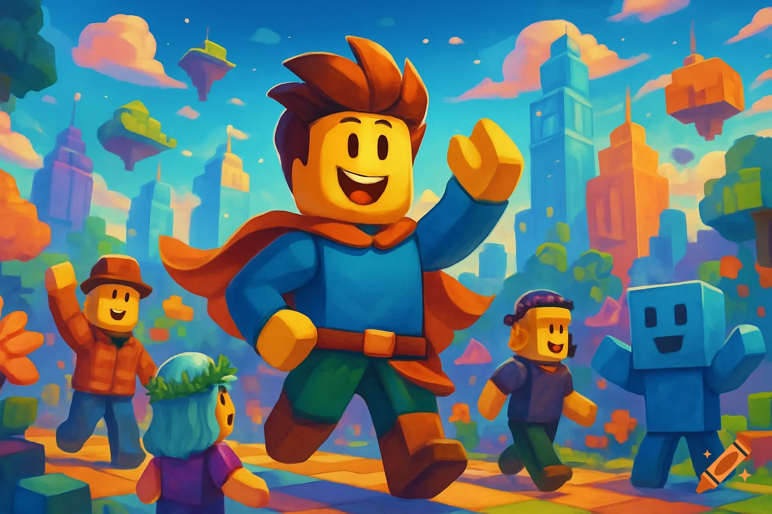 Stylized digital art of blocky characters, similar to Roblox avatars, running through a colorful, blocky city with floating islands.