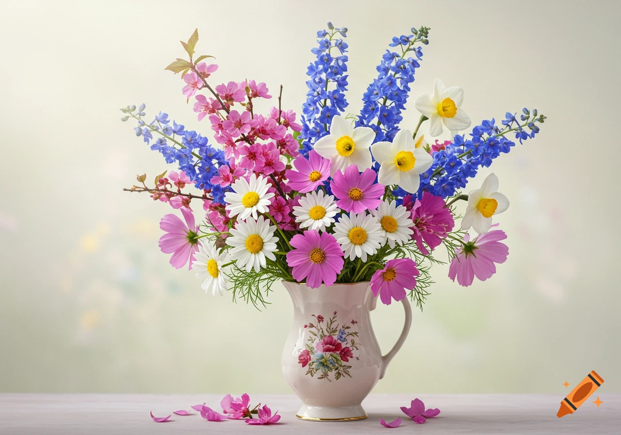 A vibrant bouquet of daisies, cosmos, pink blossoms, blue larkspur, and daffodils in a decorative white pitcher vase.