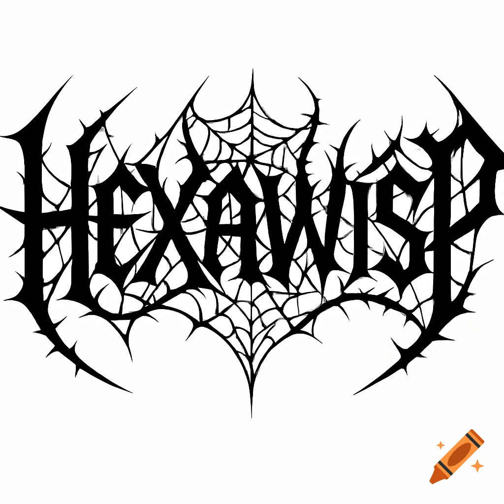 Black metal style logo with the word HEXAWISP and spiderweb pattern.