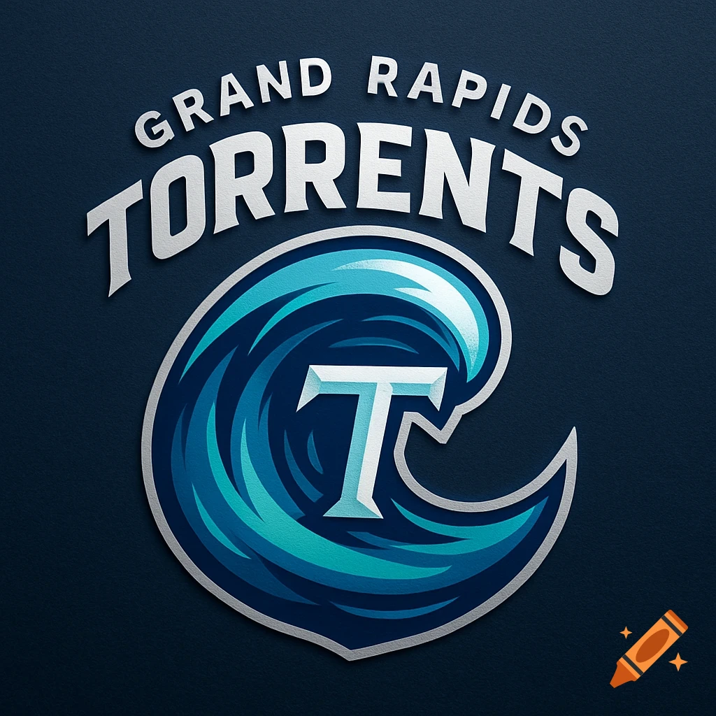 Sports logo for 'Grand Rapids Torrents' with a blue wave and a white 'T' on a dark background.
