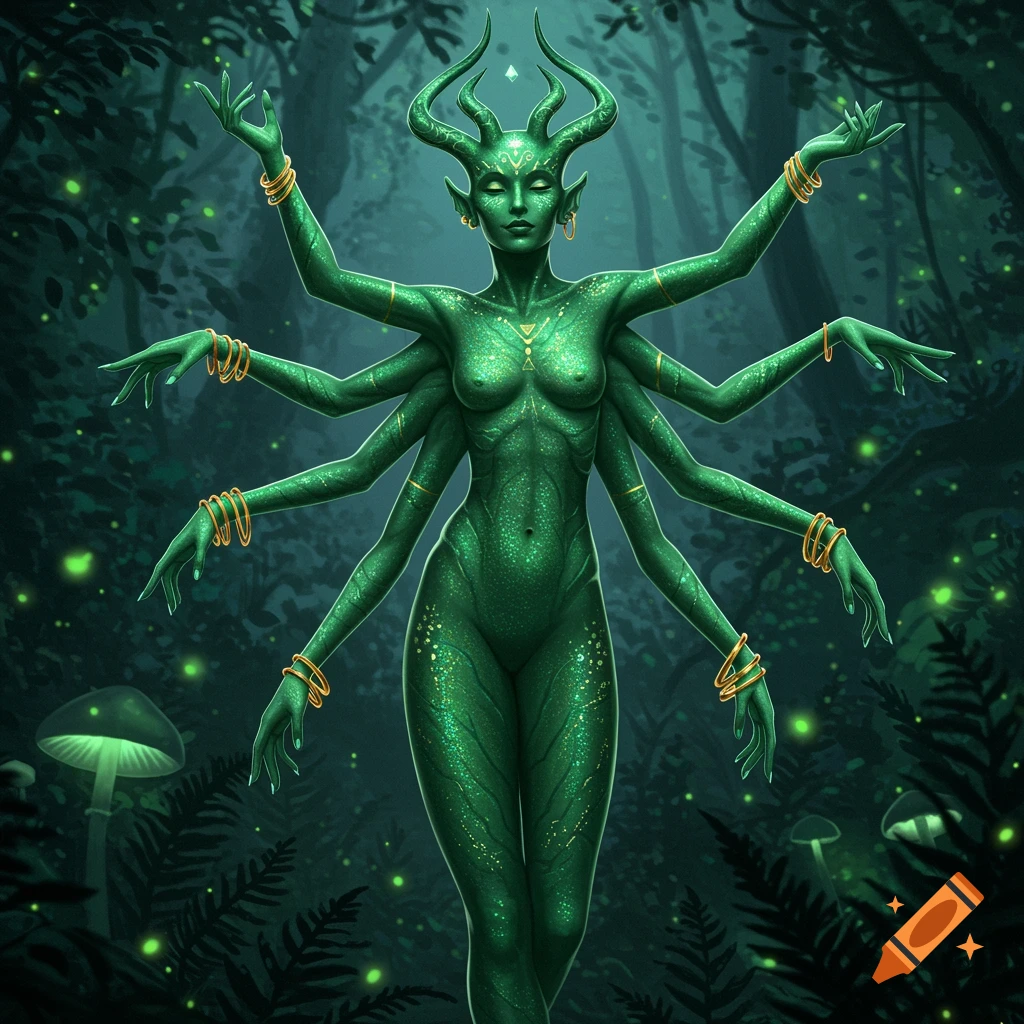 A green-skinned, multi-armed forest deity with horns and gold jewelry, standing in a dark, glowing forest.