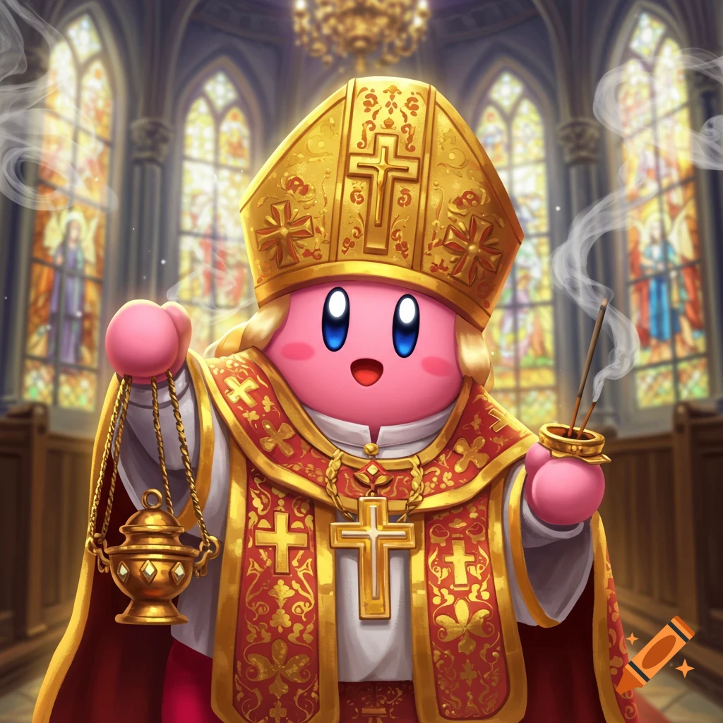 Kirby dressed as a priest, holding a censer and incense sticks, standing in a grand church with stained glass windows.