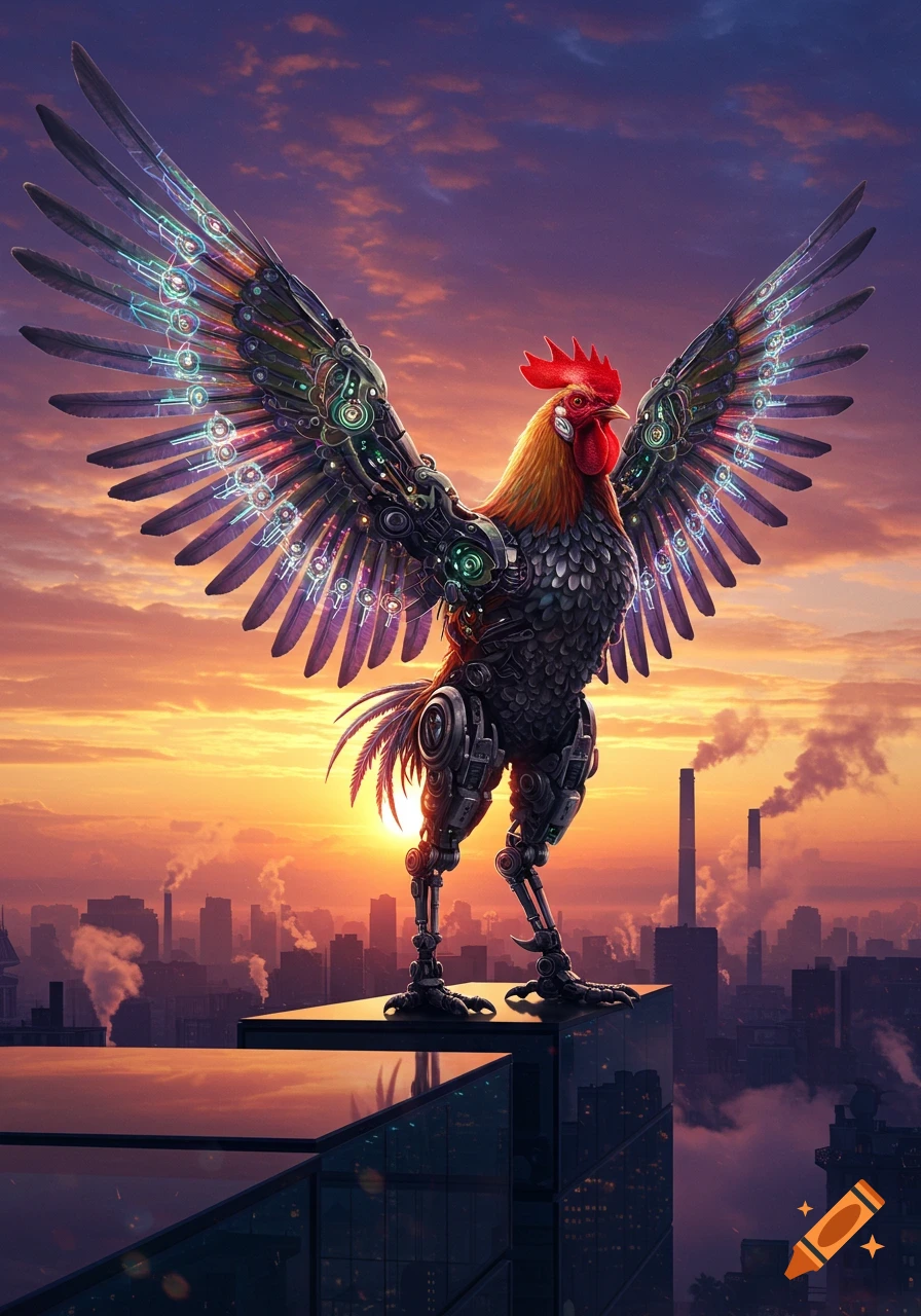 A majestic robotic rooster with glowing mechanical wings stands atop a city skyscraper at sunset.