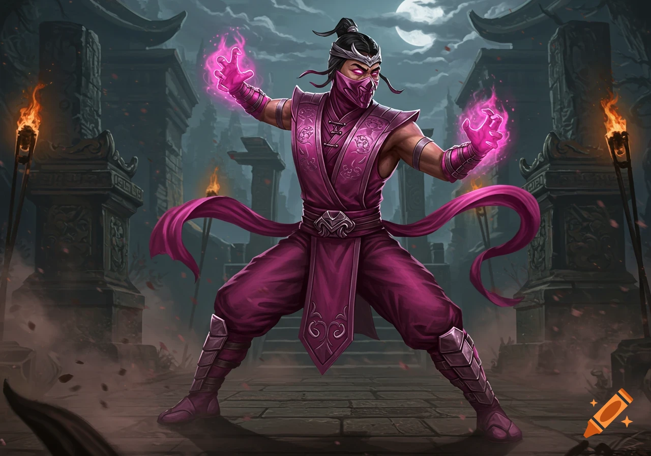 A masked warrior in a pink and purple costume with glowing hands stands in ancient ruins under a full moon.