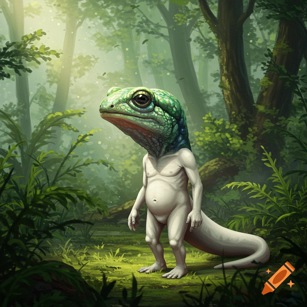 A creature with a green salamander head and a pale, nude humanoid body with a tail stands in a lush, misty forest.