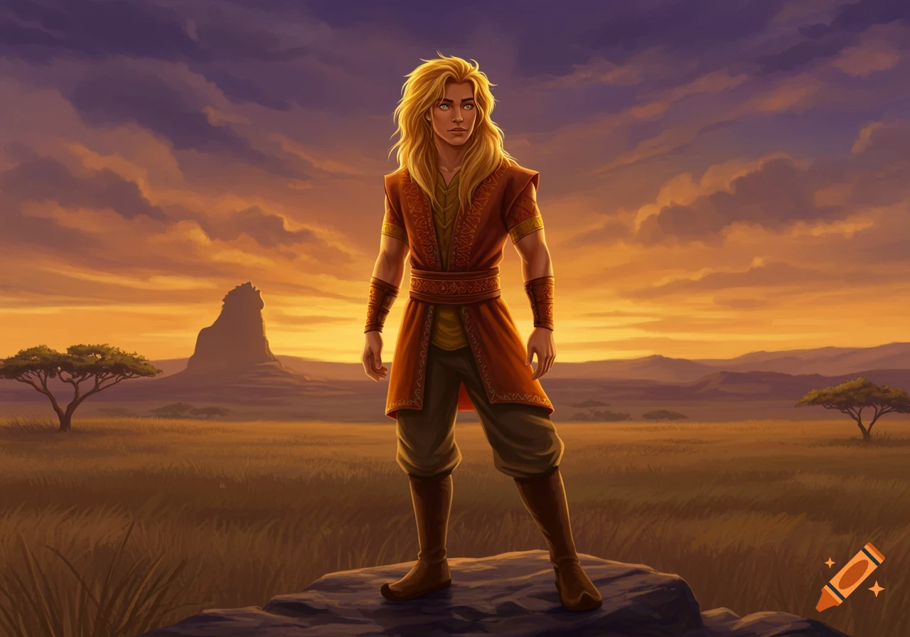 A long-haired blond man in an orange tunic stands on a rock in a savanna landscape at sunset, digital painting.