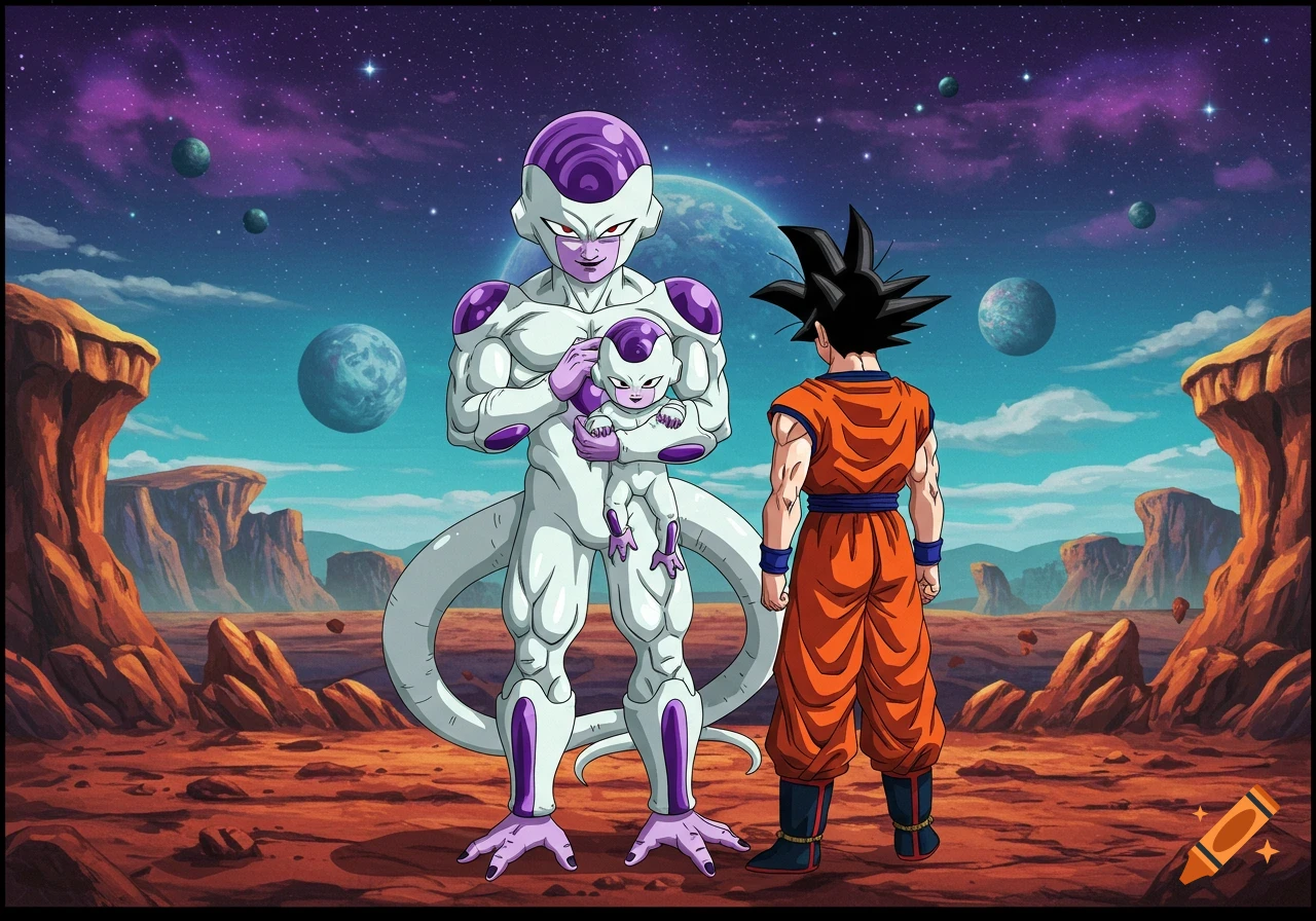 Anime characters Frieza holding a baby Frieza, standing on an alien planet next to Goku under a starry, cosmic sky.