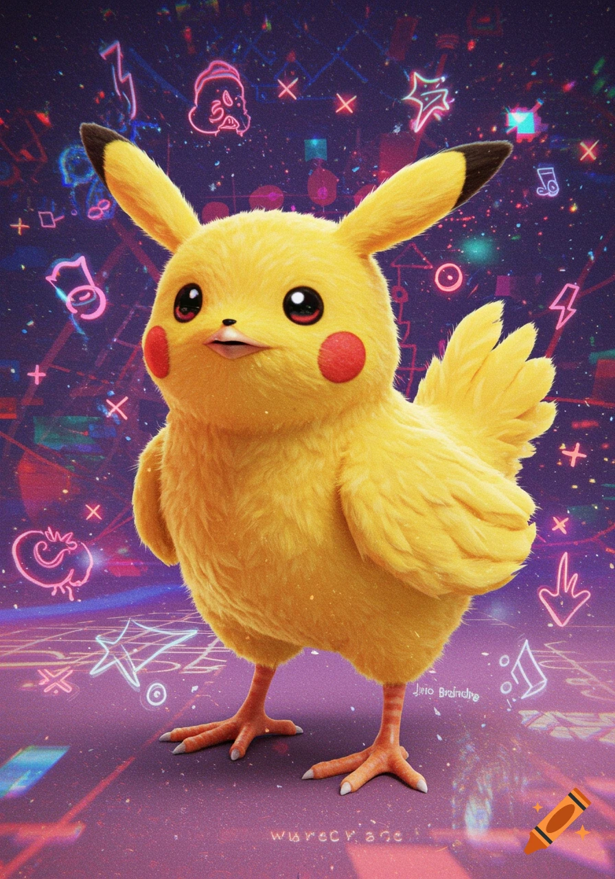 Pikachu with a chicken body and wings on a vibrant purple background with neon symbols.