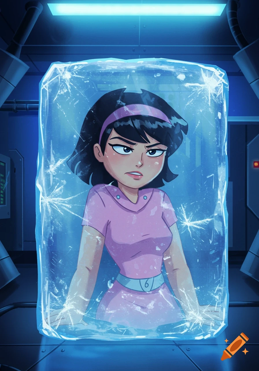 An angry cartoon girl with short dark hair and a pink dress is trapped inside a large block of ice, in a sci-fi lab.