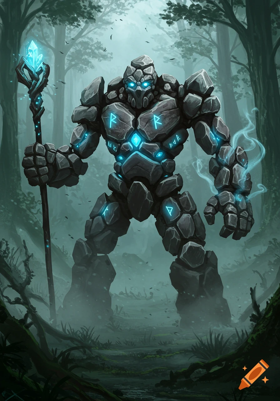 A large rock golem with glowing blue runes and eyes, holding a crystal staff in a misty forest.