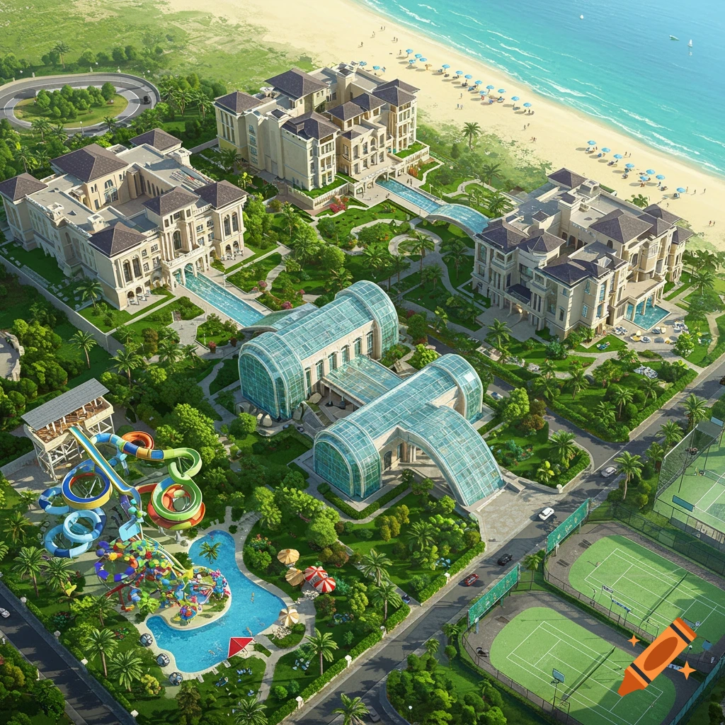An overhead view of a luxurious resort complex with multiple mansions, a large waterpark, tennis courts, and a sandy beach next to the ocean.