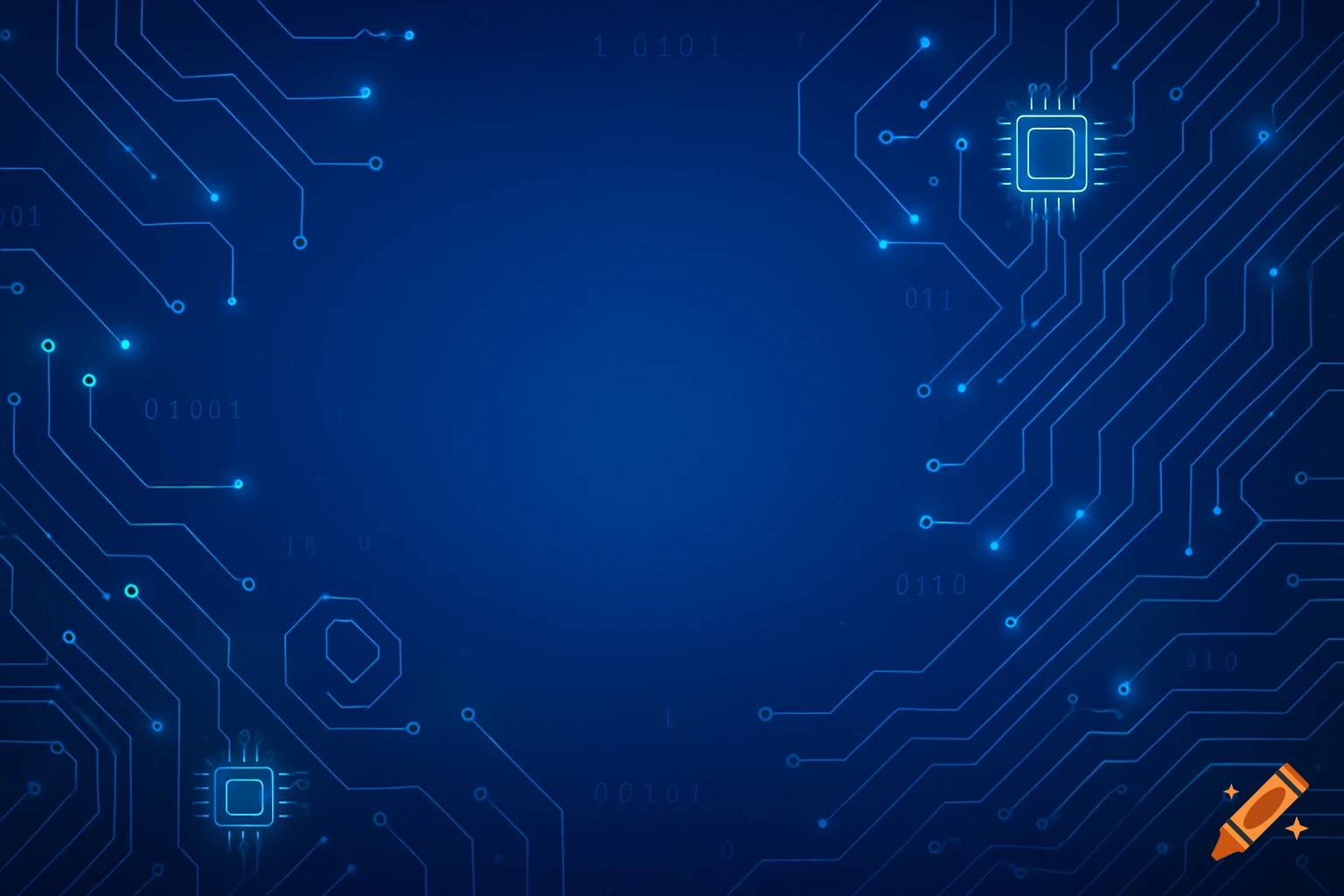 Blue background with glowing circuit board lines, binary code, and stylized microchip icons.
