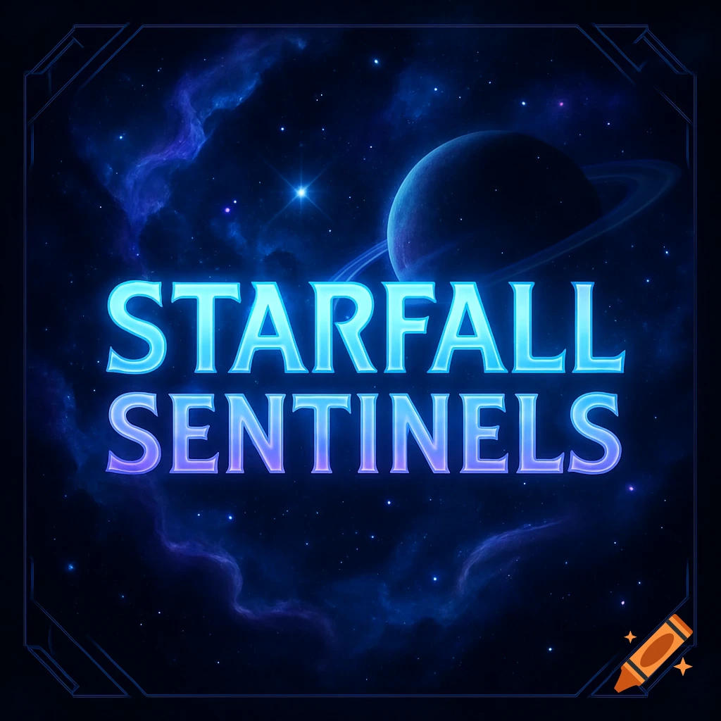 The text 'STARFALL SENTINELS' in glowing blue and purple against a dark space background with nebulae and a ringed planet.