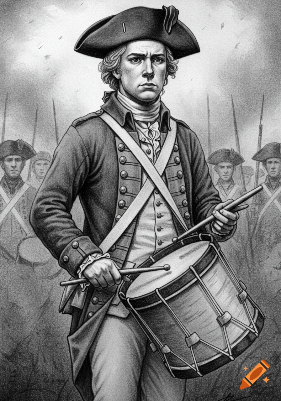 A black and white pencil drawing of a Revolutionary War drummer holding a drum, with other soldiers in the background.