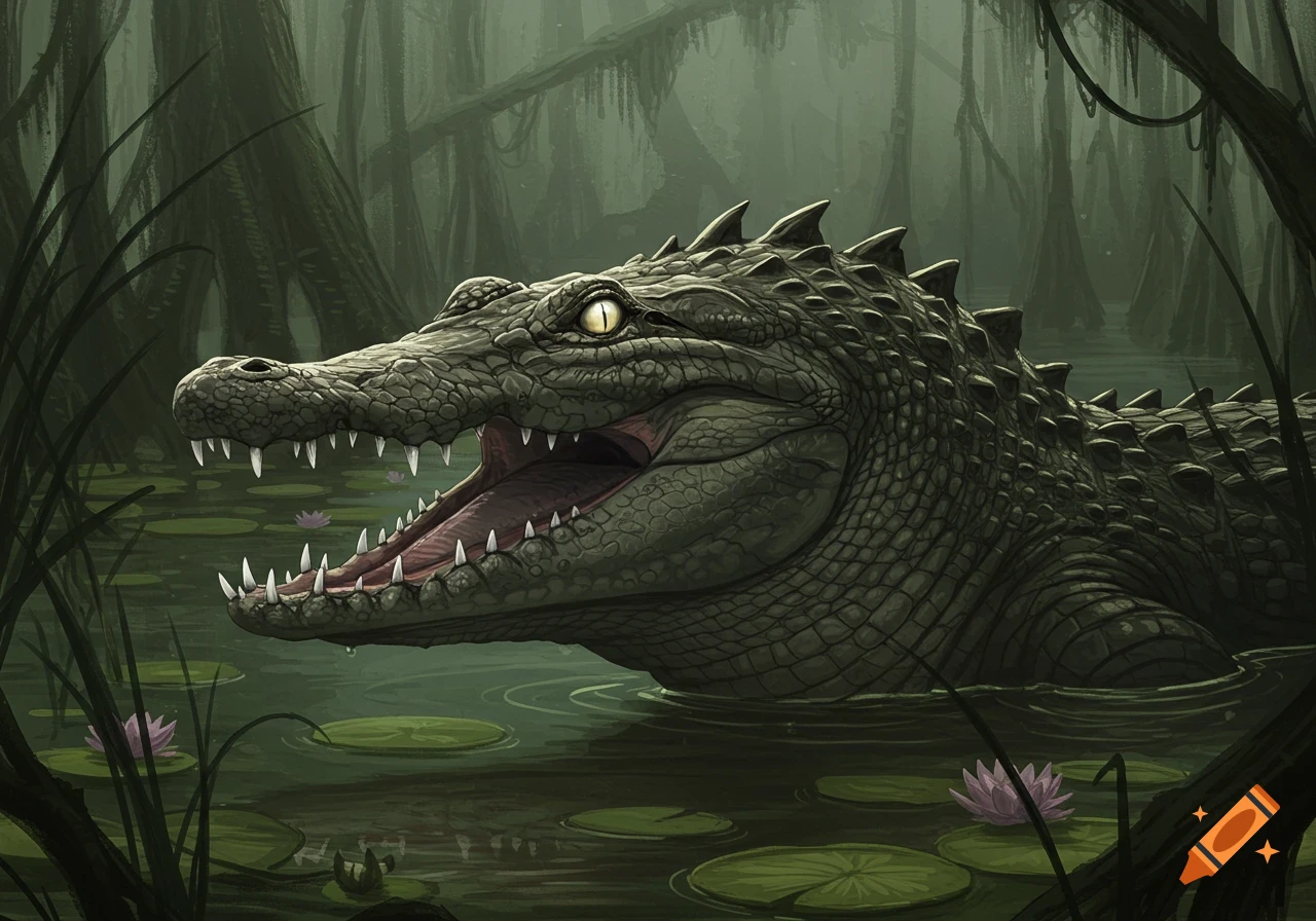 A close-up, dark illustration of a large alligator with its mouth open, partially submerged in a murky swamp with lily pads and hanging vines.