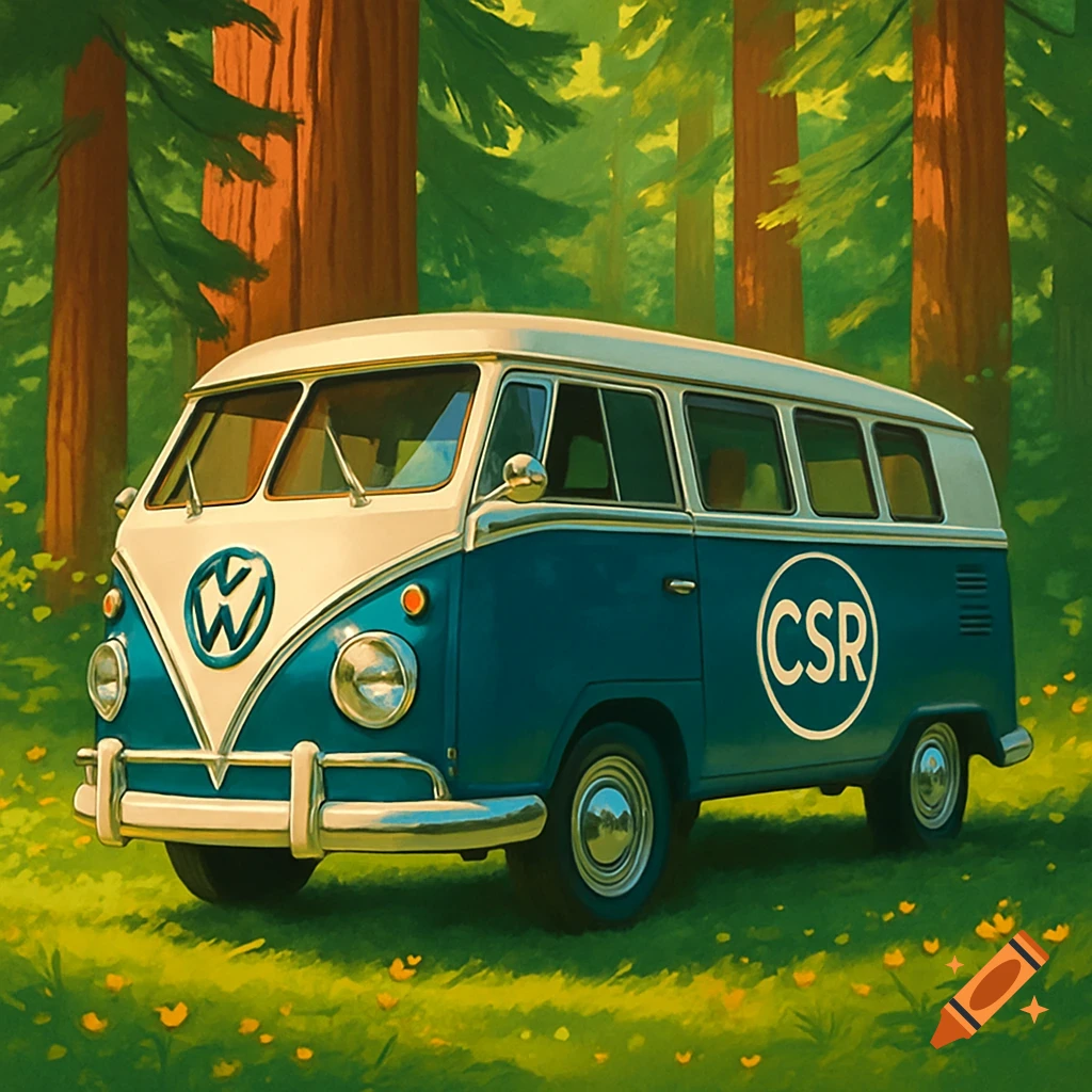 A blue and white vintage Volkswagen camper van is parked in a lush green forest with tall trees and small yellow flowers on the ground.