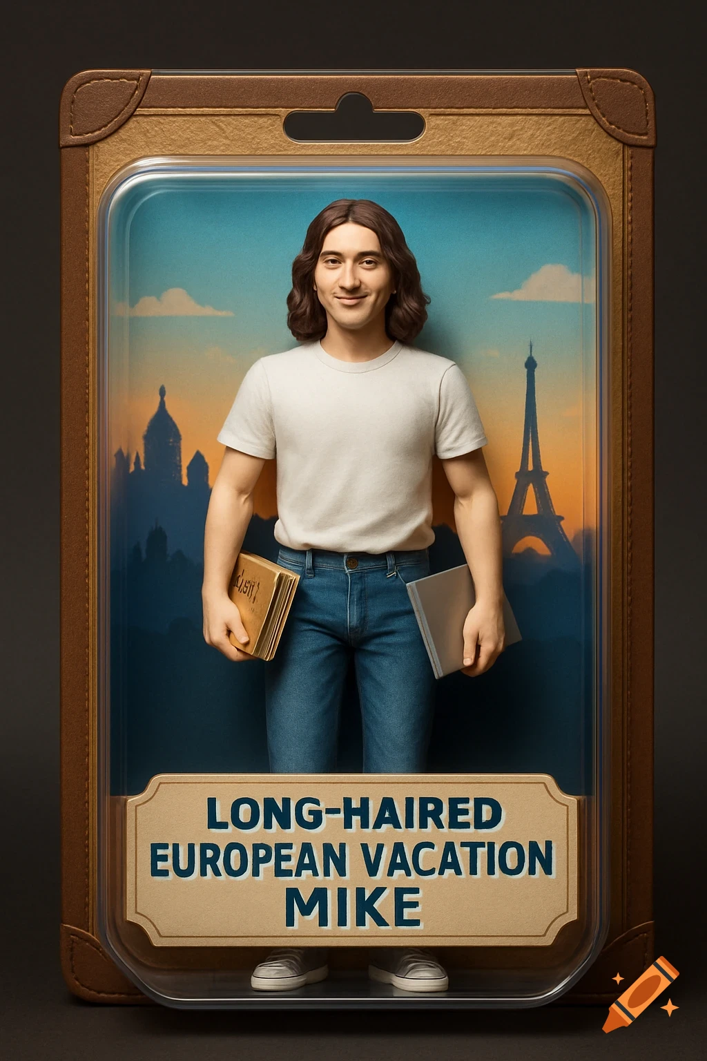 An action figure of a long-haired man in a white t-shirt and jeans, holding a book and a laptop, packaged in a box with a backdrop of Paris and the Eiffel Tower. The box is labeled "LONG-HAIRED EUROPEAN VACATION MIKE."