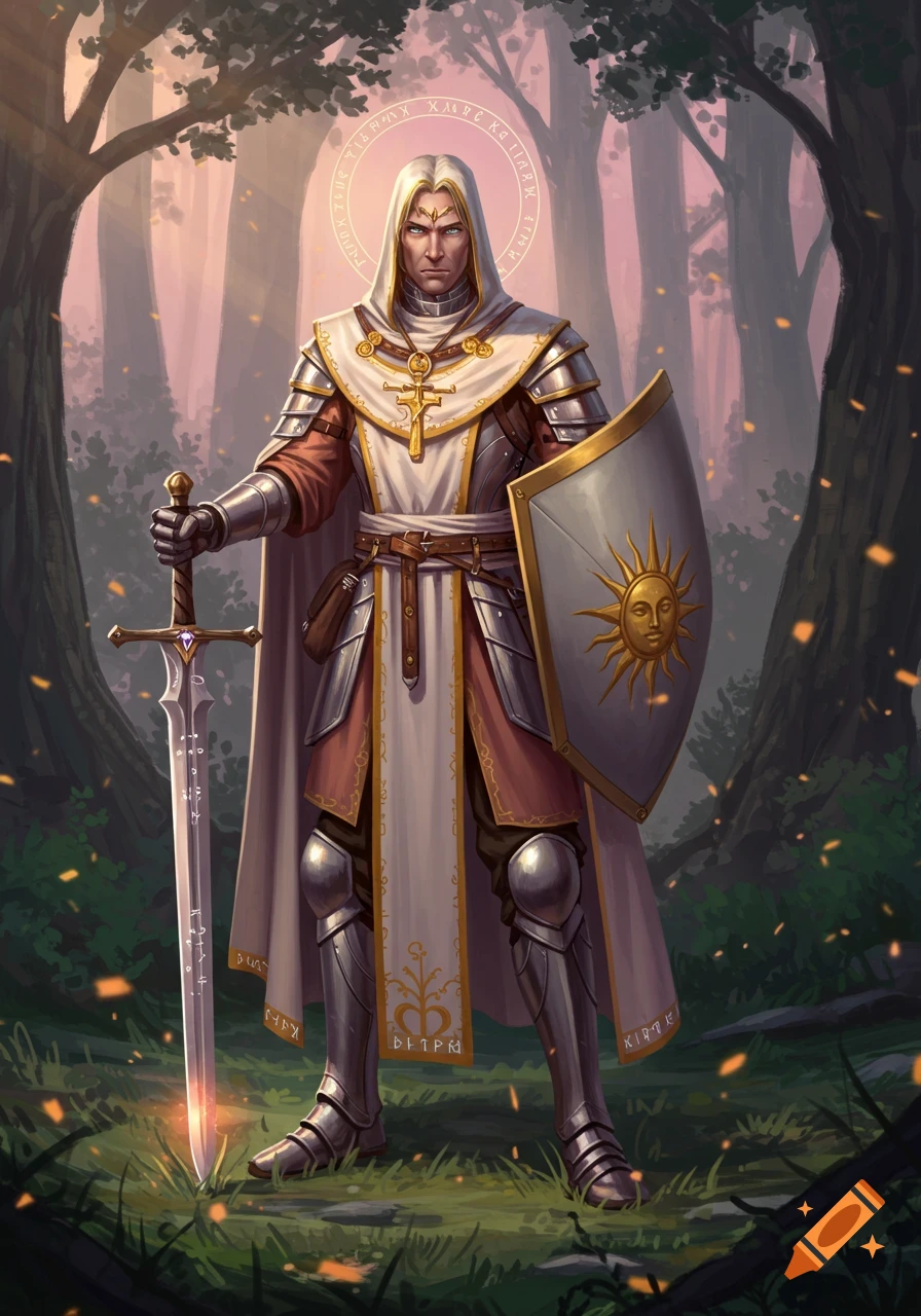 A tall man in white priestly robes and light armor holds a sword and shield in a sunlit forest.