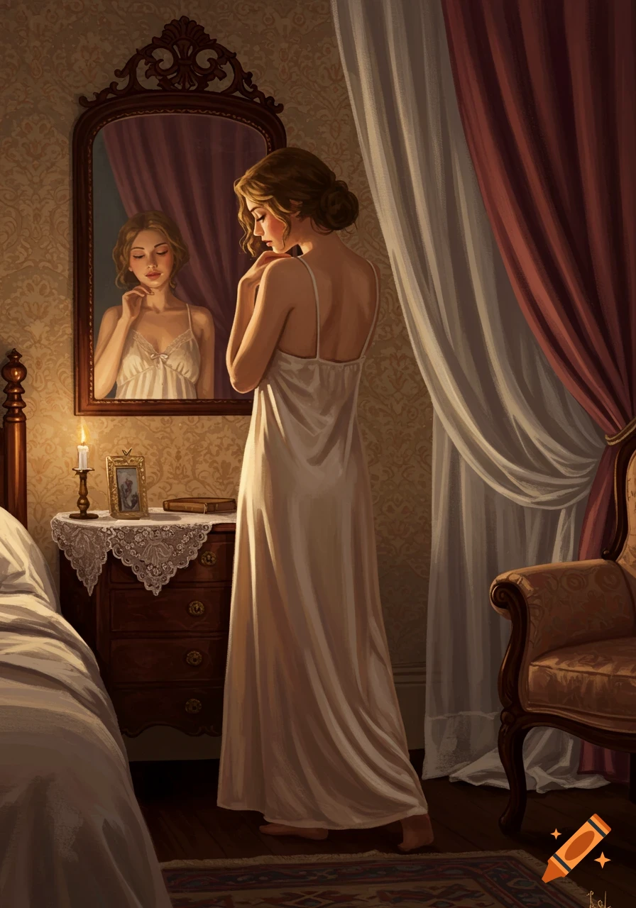 Digital painting of a woman in a nightgown looking at her reflection in a decorative mirror in a dimly lit bedroom.