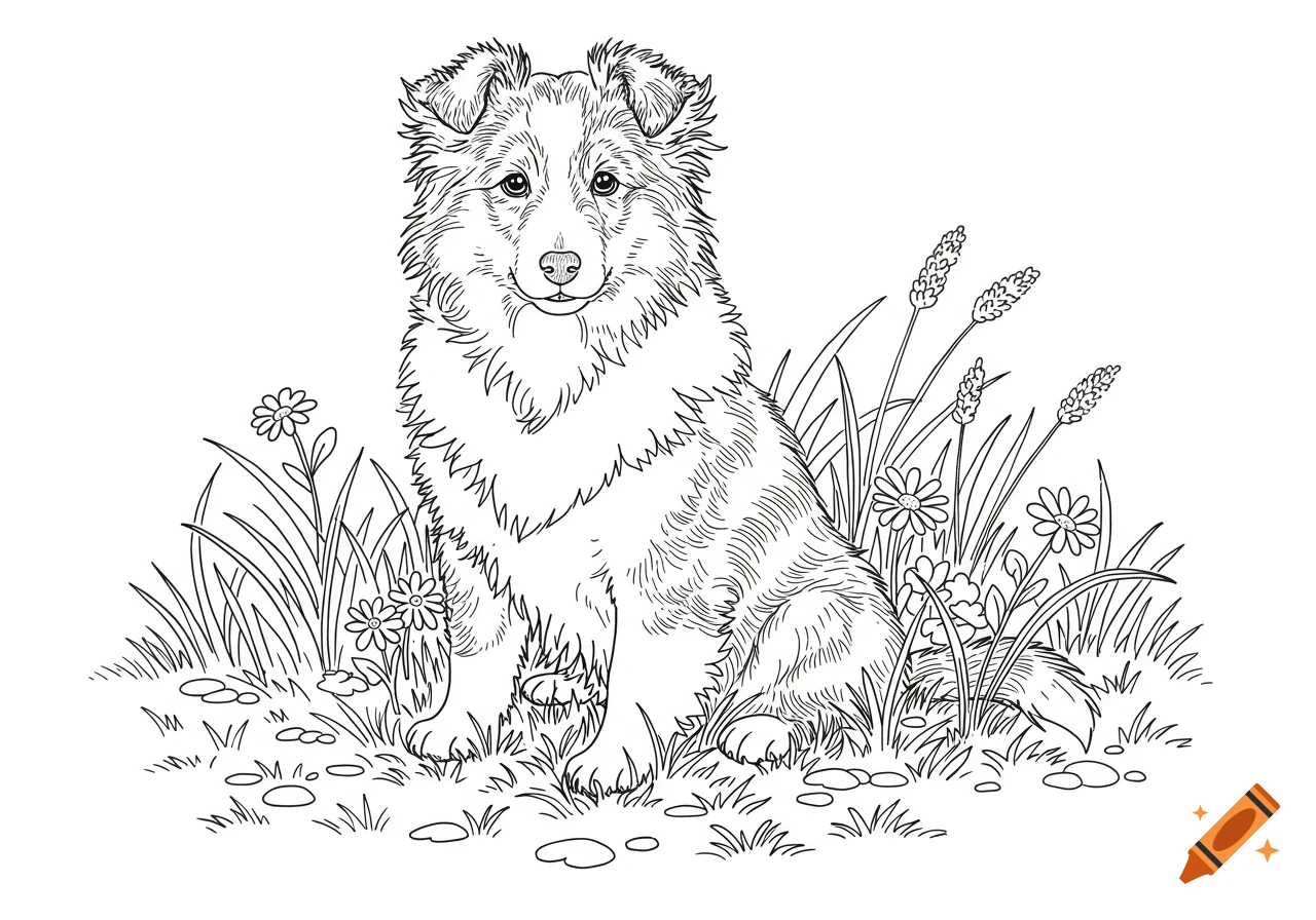A black and white line art coloring page of a Shetland sheepdog puppy sitting in the grass with flowers.
