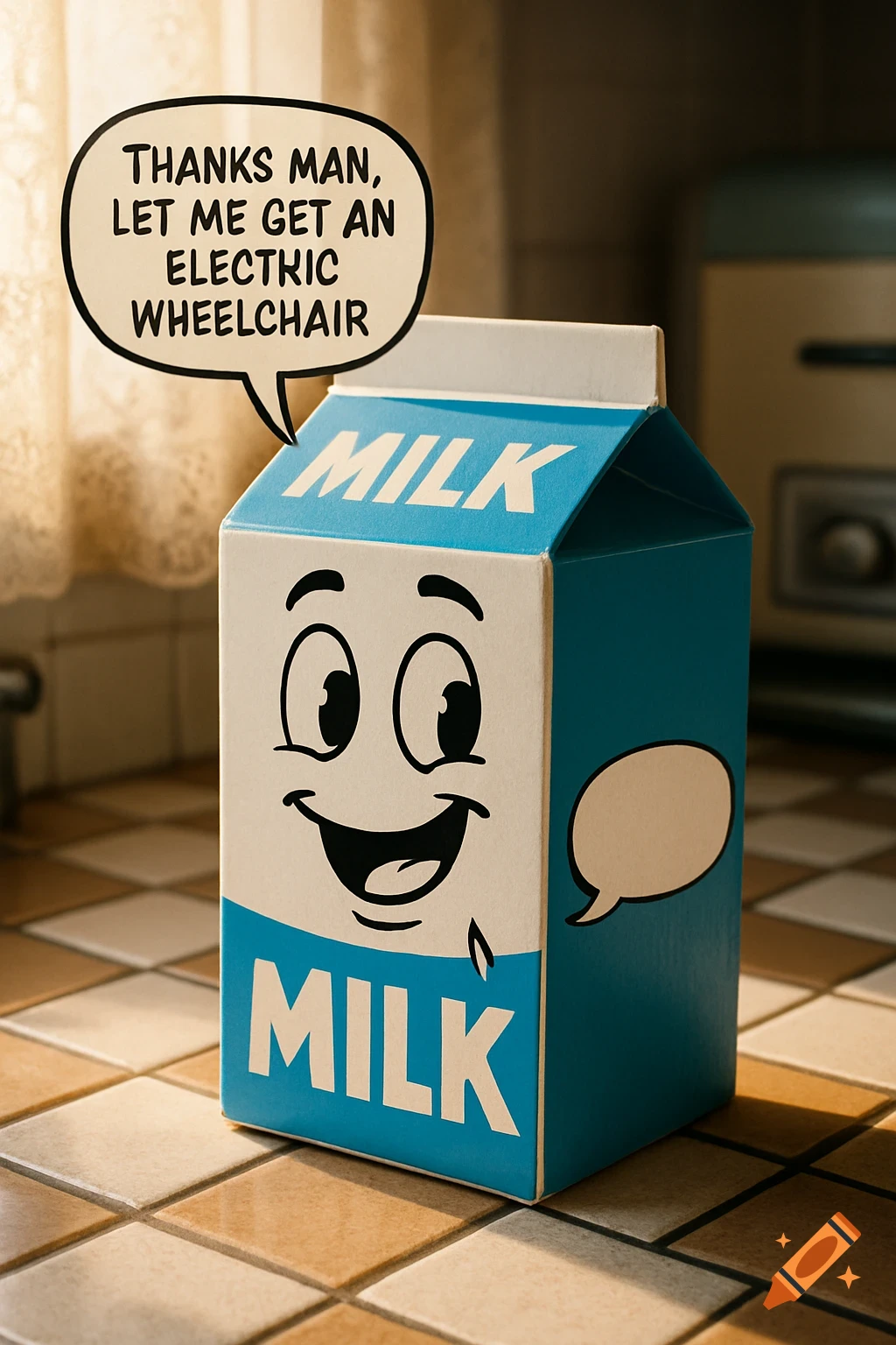 A cartoon milk carton with a smiling face and speech bubble reading 'THANKS MAN, LET ME GET AN ELECTRIC WHEELCHAIR' on a kitchen counter.