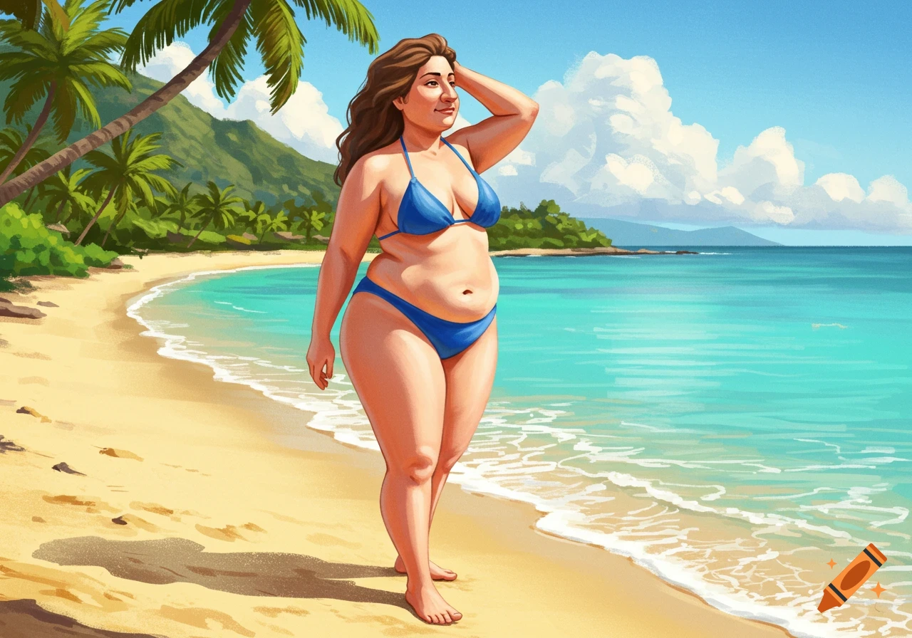 An overweight woman in a blue bikini stands on a sandy beach by the ocean under palm trees.