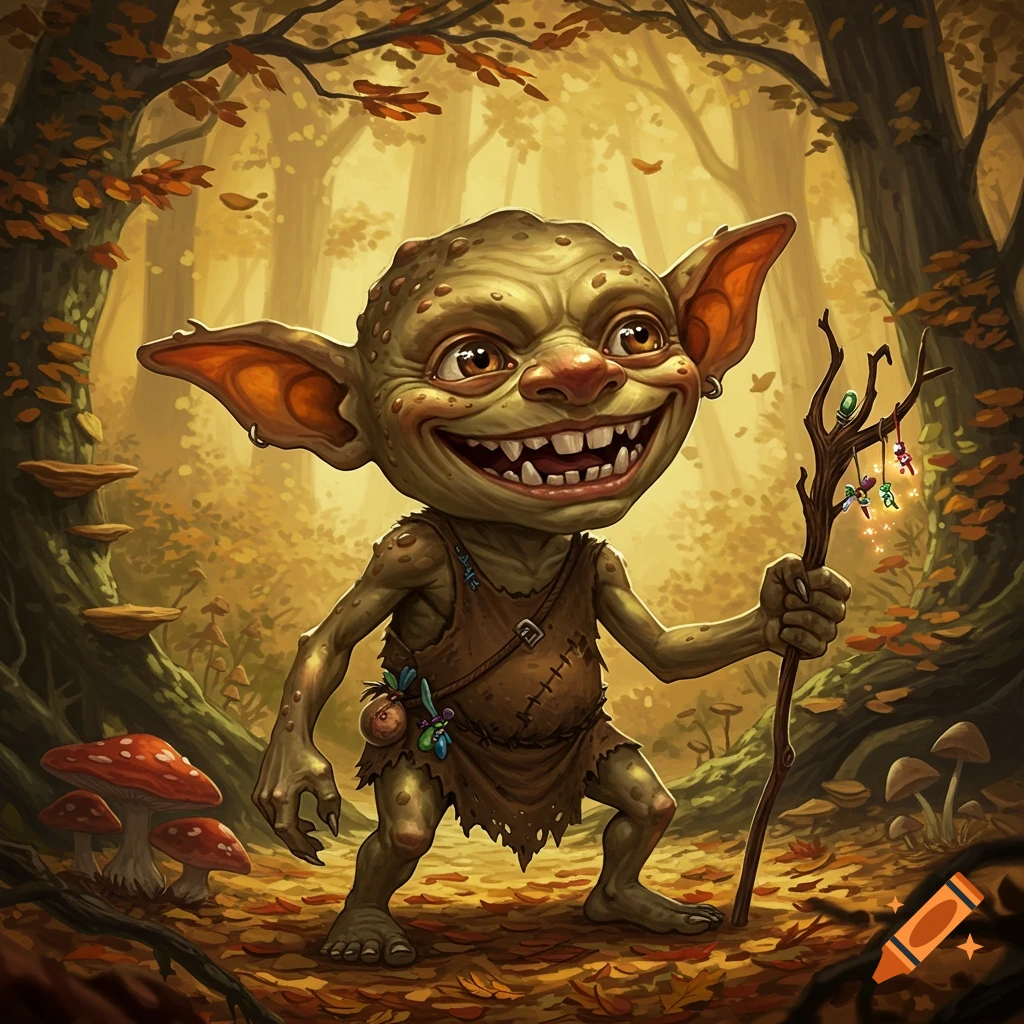 A happy, cartoonish goblin with large ears and teeth stands in an autumn forest holding a stick, surrounded by mushrooms.
