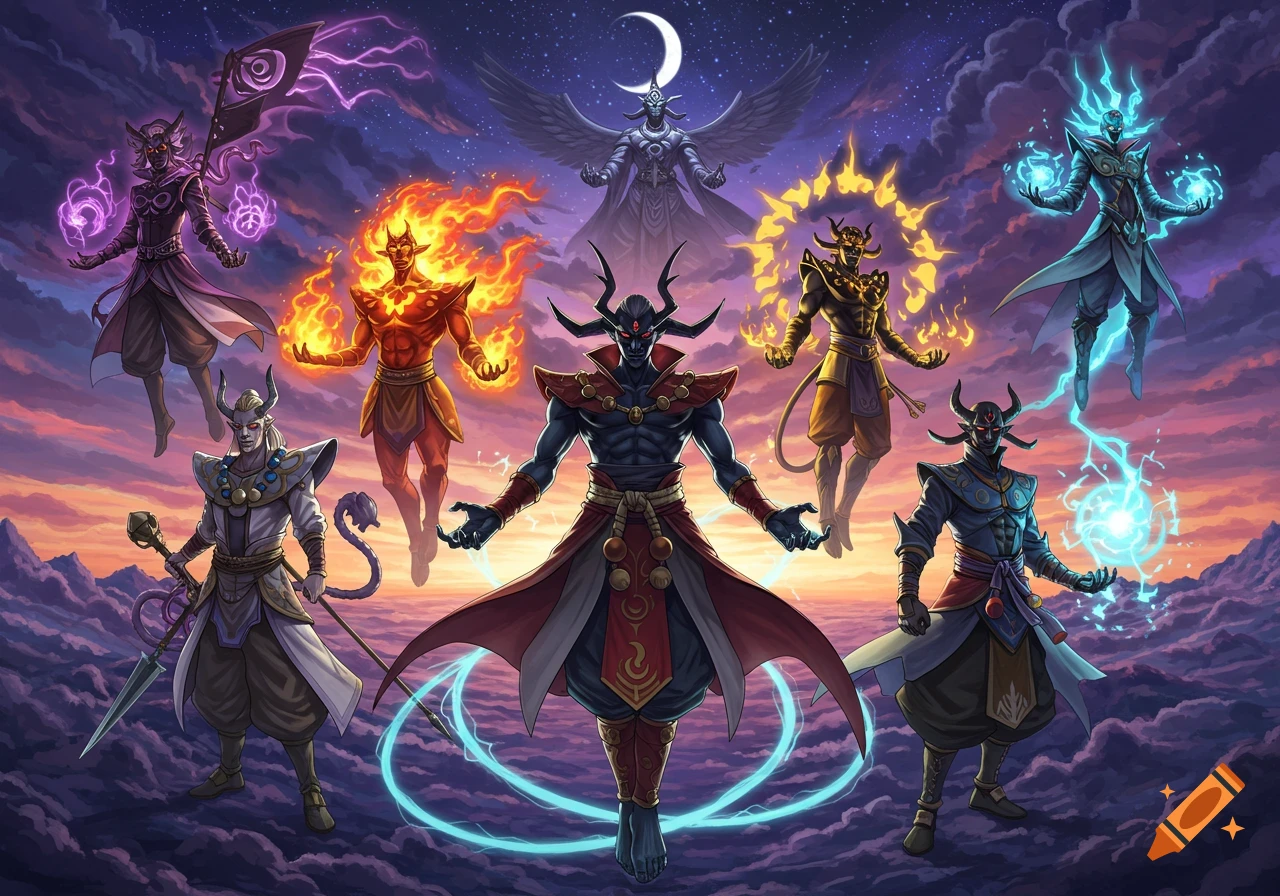 Eight mythical figures with horns and elemental powers float above clouds under a crescent moon, in a vibrant fantasy art style.