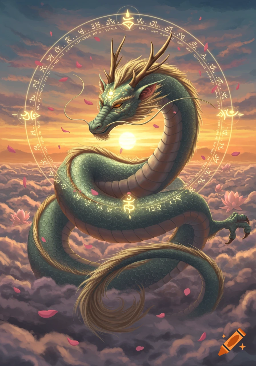 A majestic green dragon with golden horns and whiskers floats above clouds with pink lotus flowers, encircled by glowing mystical symbols against a sunset sky.