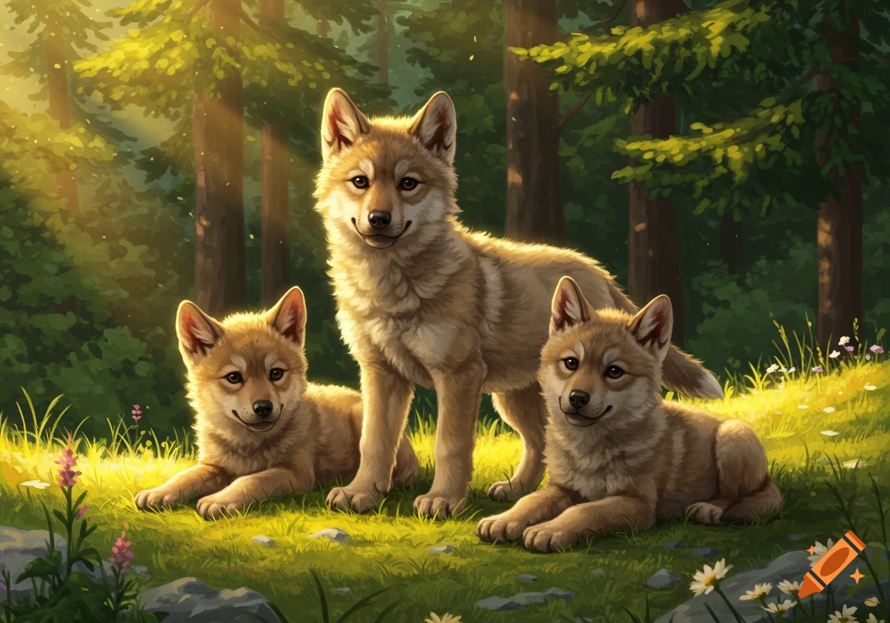 Three adorable wolf cubs in a sunlit forest, one larger than the other two, sitting and lying on green grass, in an artistic style.