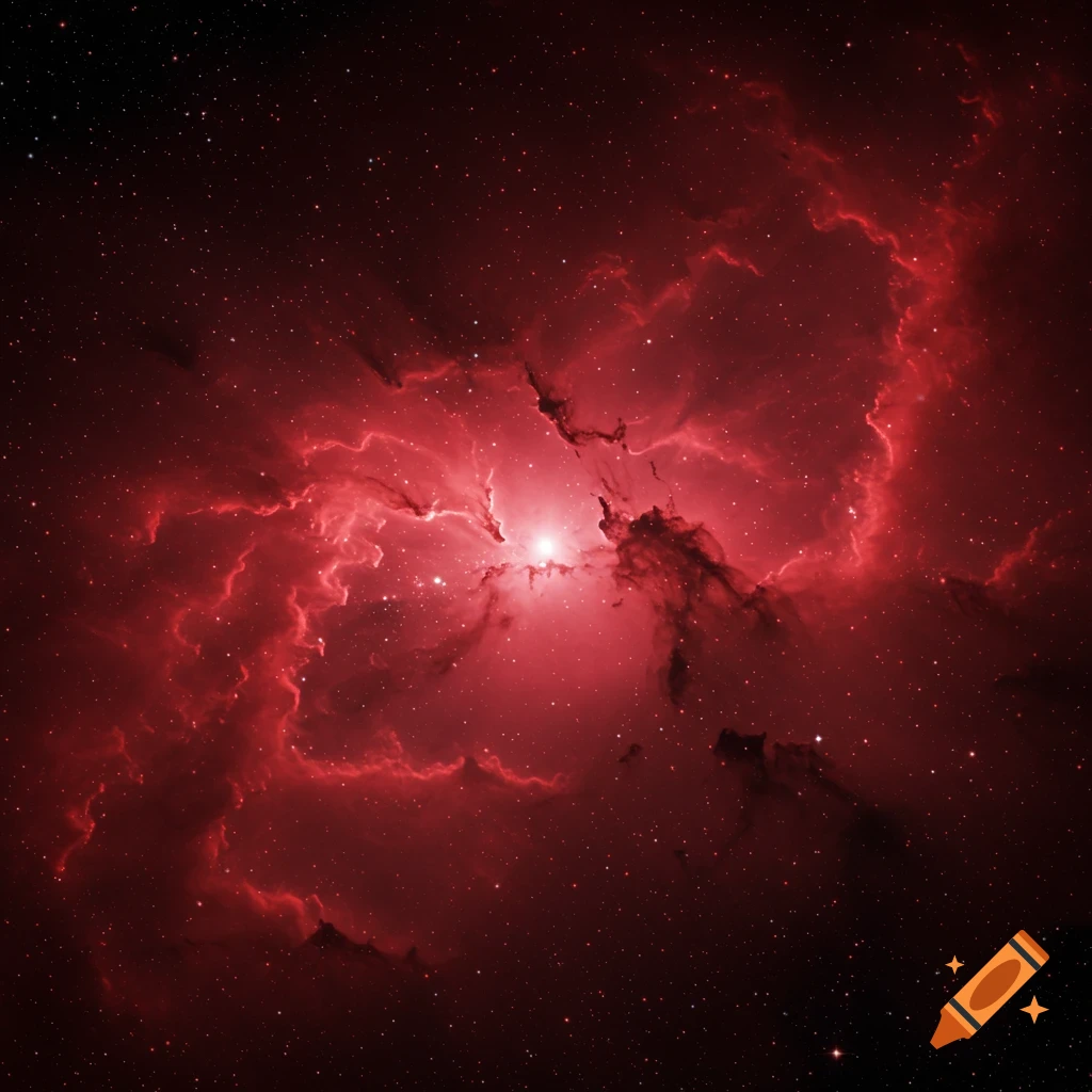 A vibrant red nebula with a bright central light, surrounded by swirling red gas and dust, set against a dark, star-filled space background.