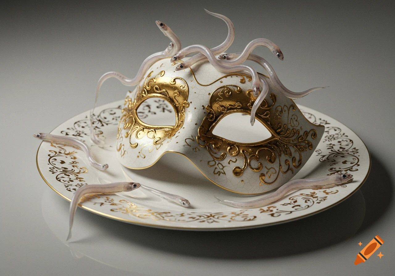 Photorealistic image of translucent baby eels crawling on a white and gold ornate Venetian mask, resting on a decorative plate.