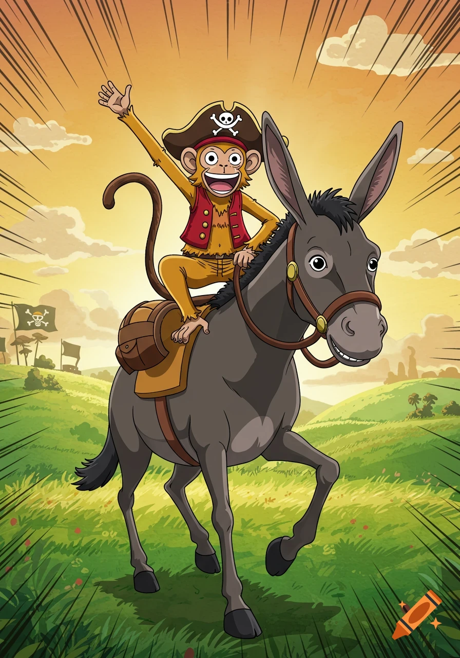 A cartoon monkey wearing a pirate hat rides a mule through a grassy field in an anime style.