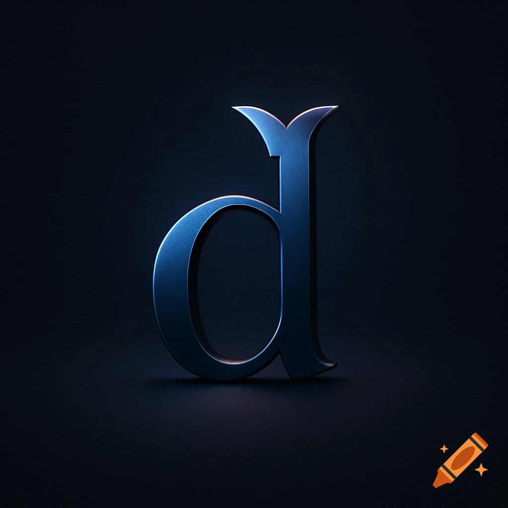 Blue metallic lowercase 'd' with a decorative top on a dark background, dramatic lighting.