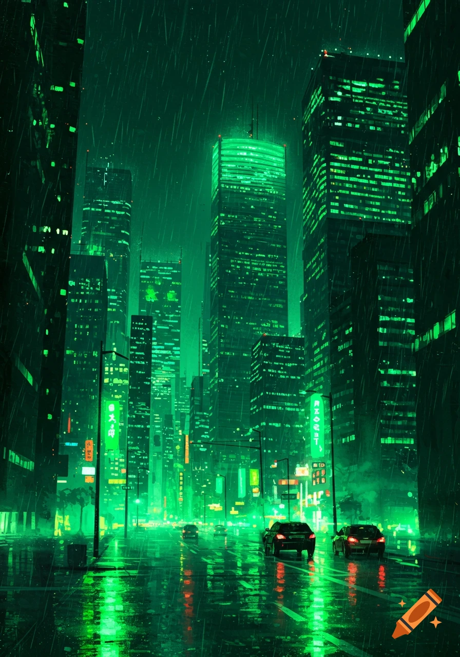 A dark, rainy city street at night illuminated by vibrant green lights from towering skyscrapers and cars reflecting on the wet asphalt.