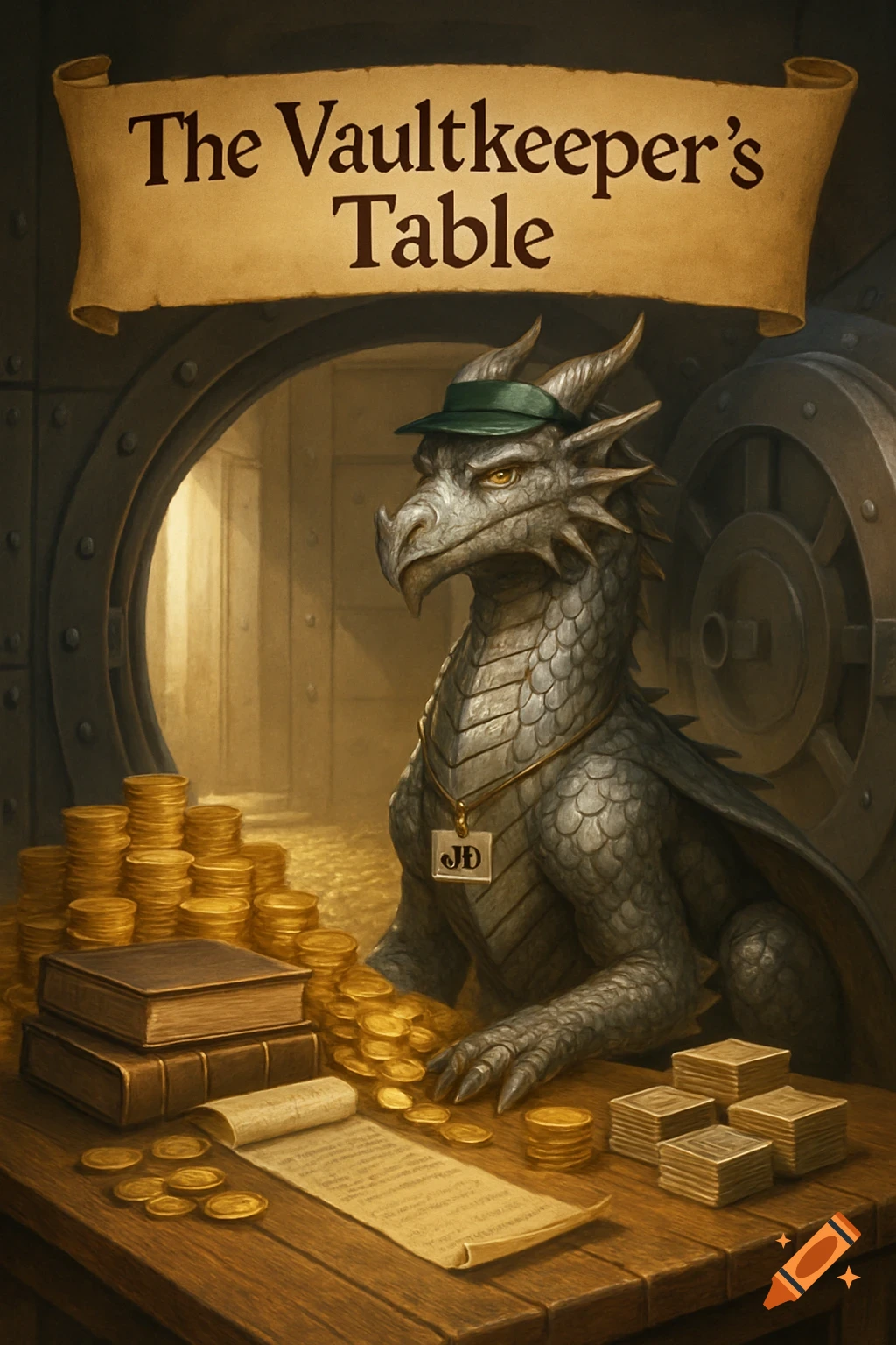 A gray dragon wearing a green visor and a "JD" name tag sits at a wooden table with gold coins, books, and cards inside an open vault. A banner at the top reads "The Vaultkeeper's Table."