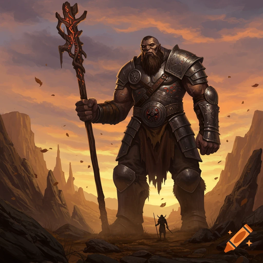 A giant armored warrior with a staff stands in a rocky, desolate landscape at sunset, with a small figure in the distance, in a fantasy art style.