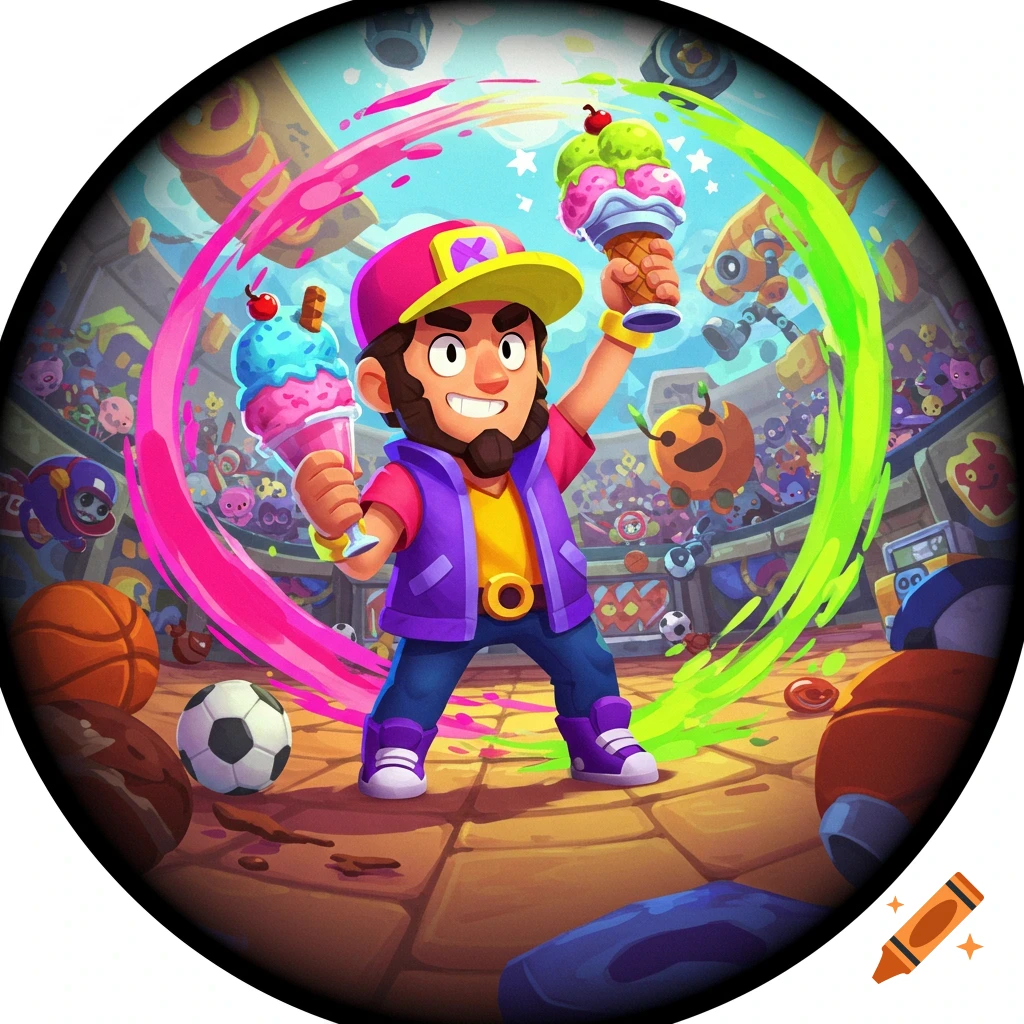 Cartoon character holding two ice cream cones in a vibrant arena with cheering crowd in the background.
