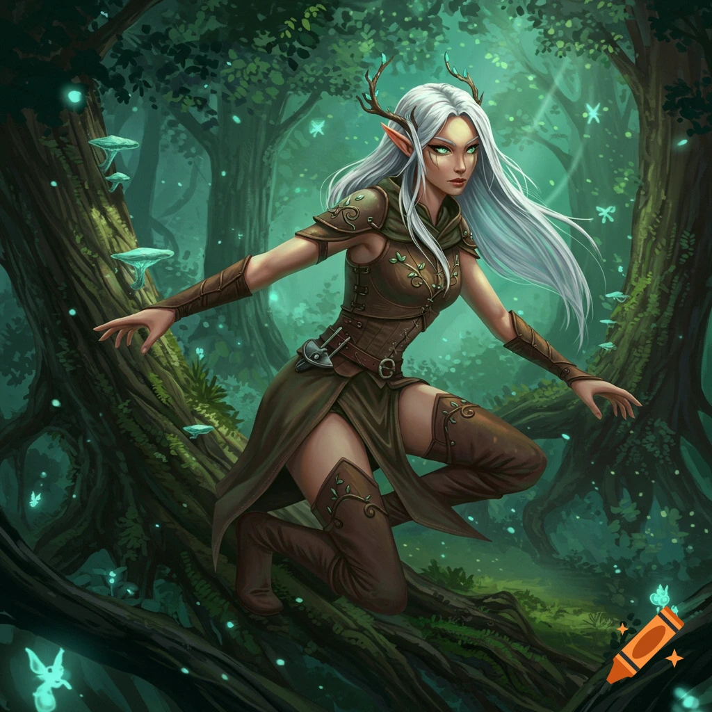 Ghibli-style illustration of a white-haired female elf with antlers and green eyes, wearing brown armor, crouching in a magical forest.