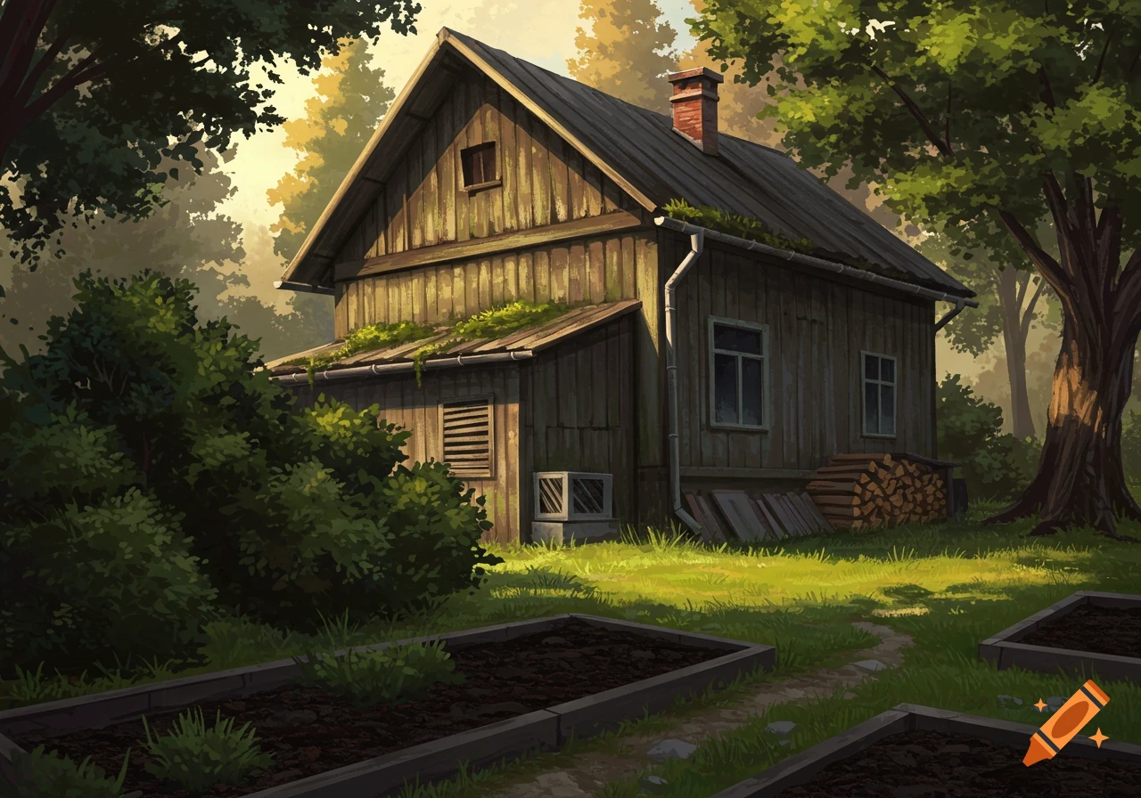 A rustic wooden house with a garden and trees under a warm sky in a painterly style.