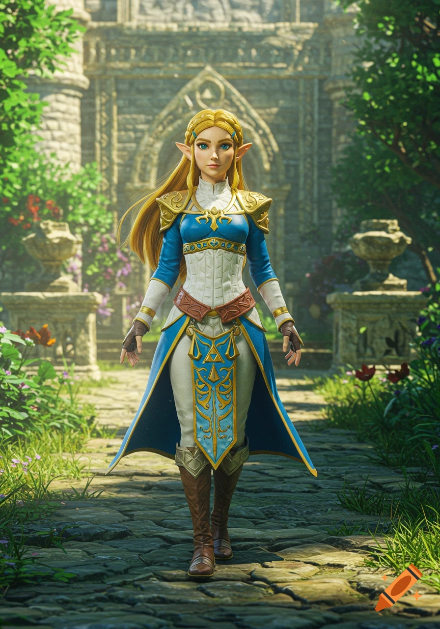 Princess Zelda in her blue and white royal dress with gold armor stands on a stone path in front of ancient ruins and green trees.