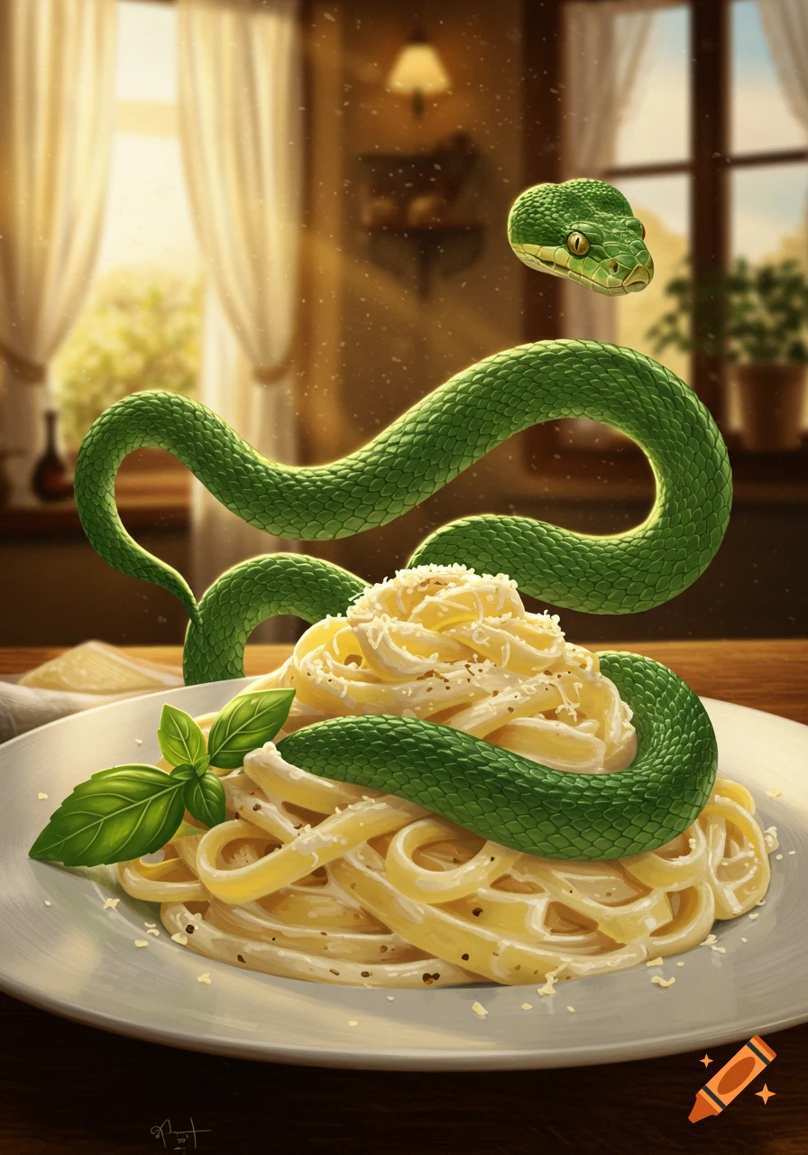 An artistic illustration of a vibrant green snake with a detached head coiling around a plate of creamy pasta topped with basil leaves, set on a wooden table.