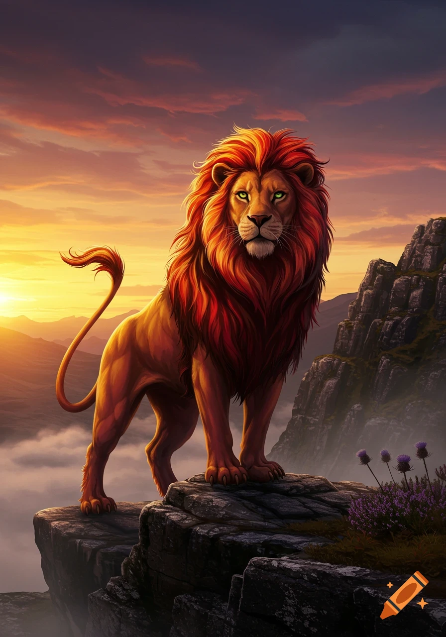 A majestic lion with a fiery orange and red mane stands proudly on a rocky cliff overlooking a misty mountain landscape at sunset.