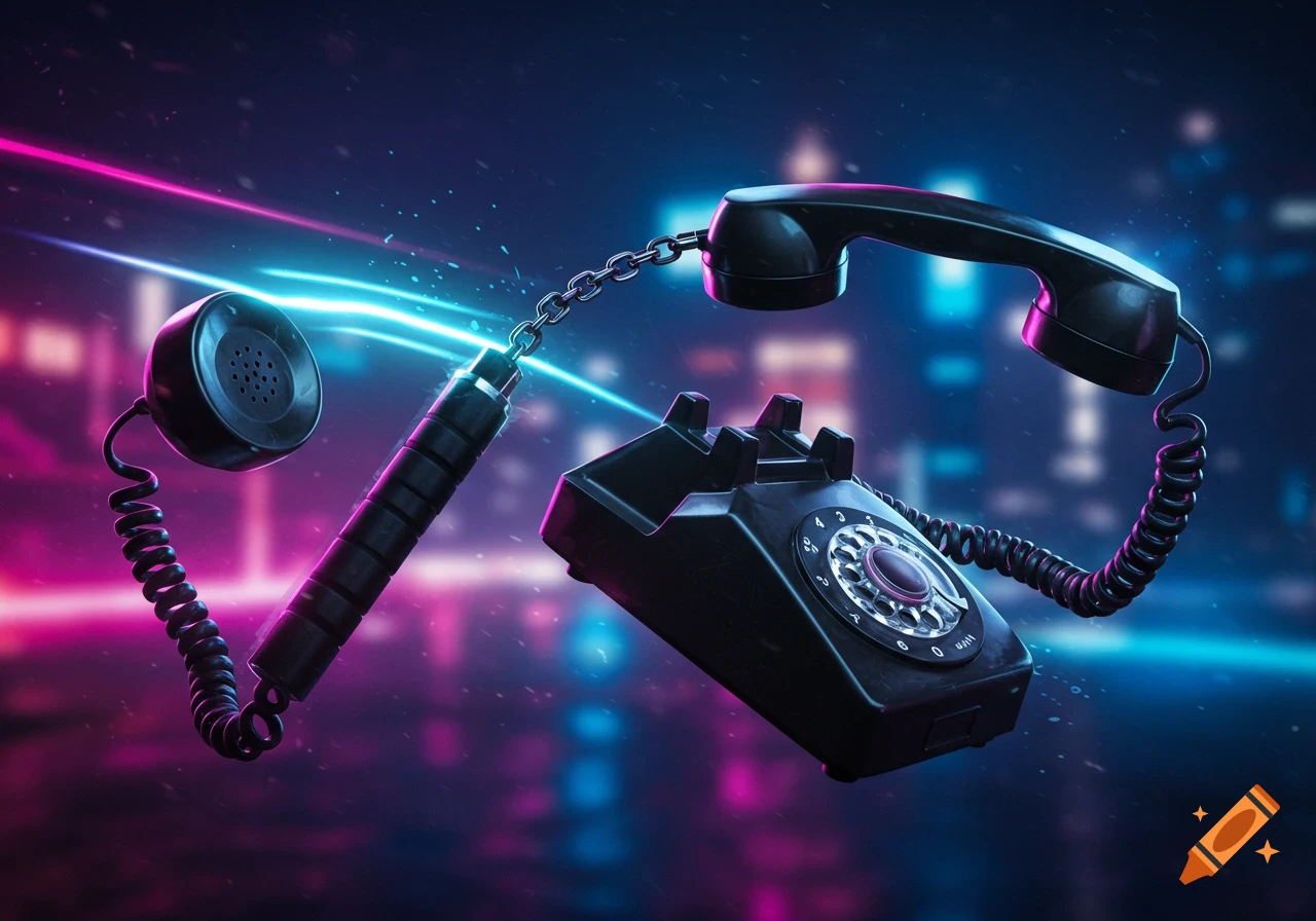 A black retro corded telephone transformed into nunchucks, floating against a neon-lit, blurry cyberpunk city background.