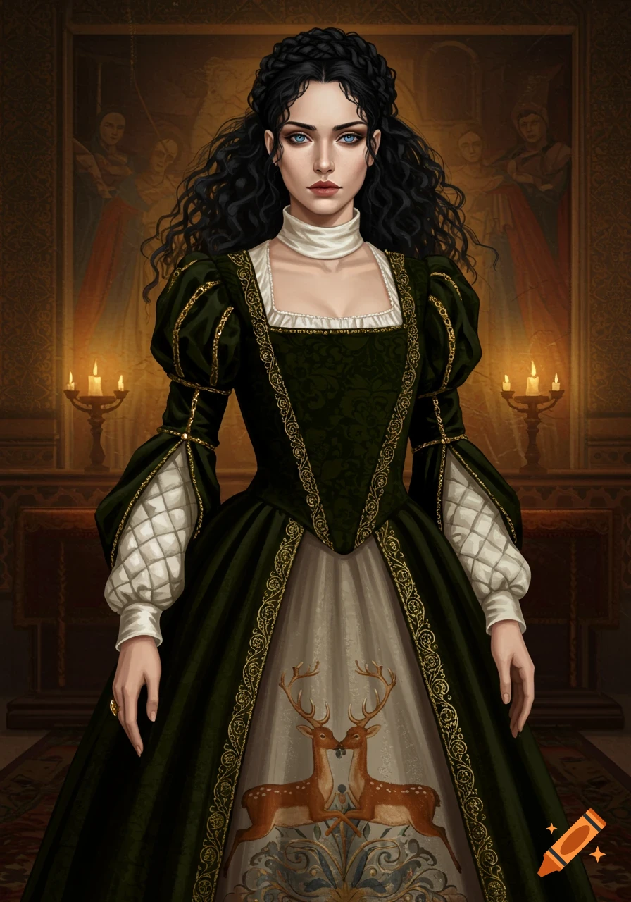 A blue-eyed lady with dark curly hair in a green Renaissance-era gown with gold trim and embroidered deer, standing in a candlelit room.