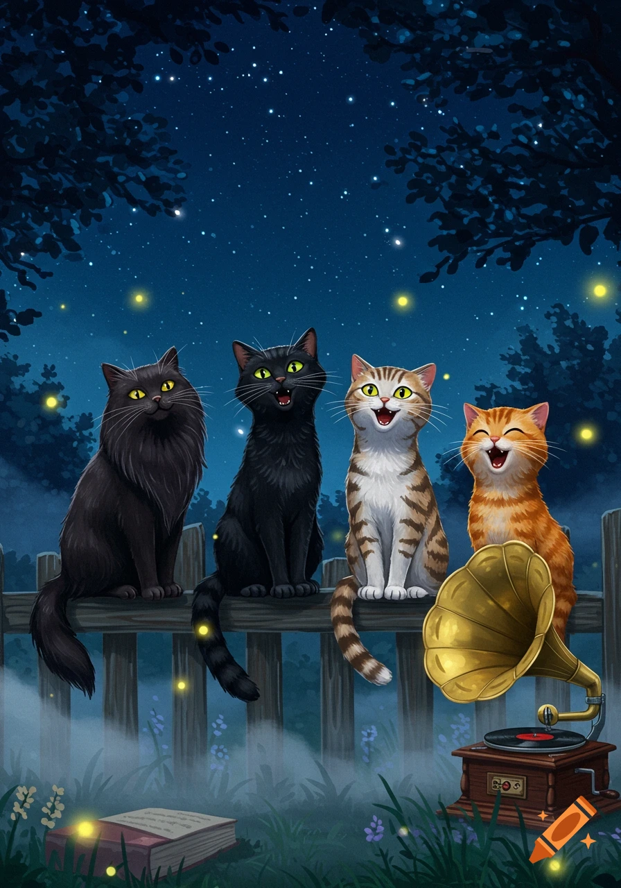 Four cartoon cats sit on a fence at night under a starry sky with fireflies, a gramophone, and a book.