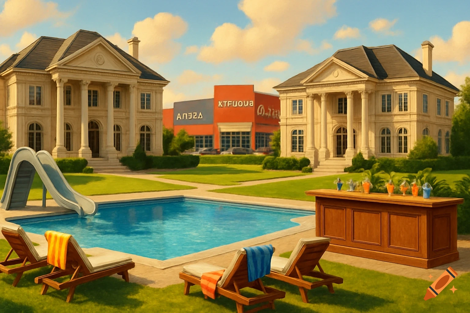 Two large mansions with a backyard pool, slide, beach chairs, and a bar. In the background are commercial buildings.