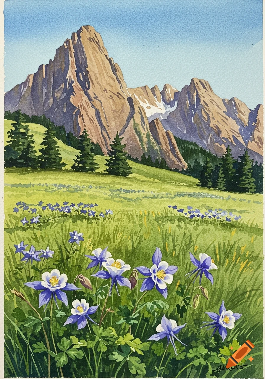 Watercolor painting of the Flatiron Mountains in Boulder, Colorado, with a grassy meadow filled with blue columbine flowers in the foreground.