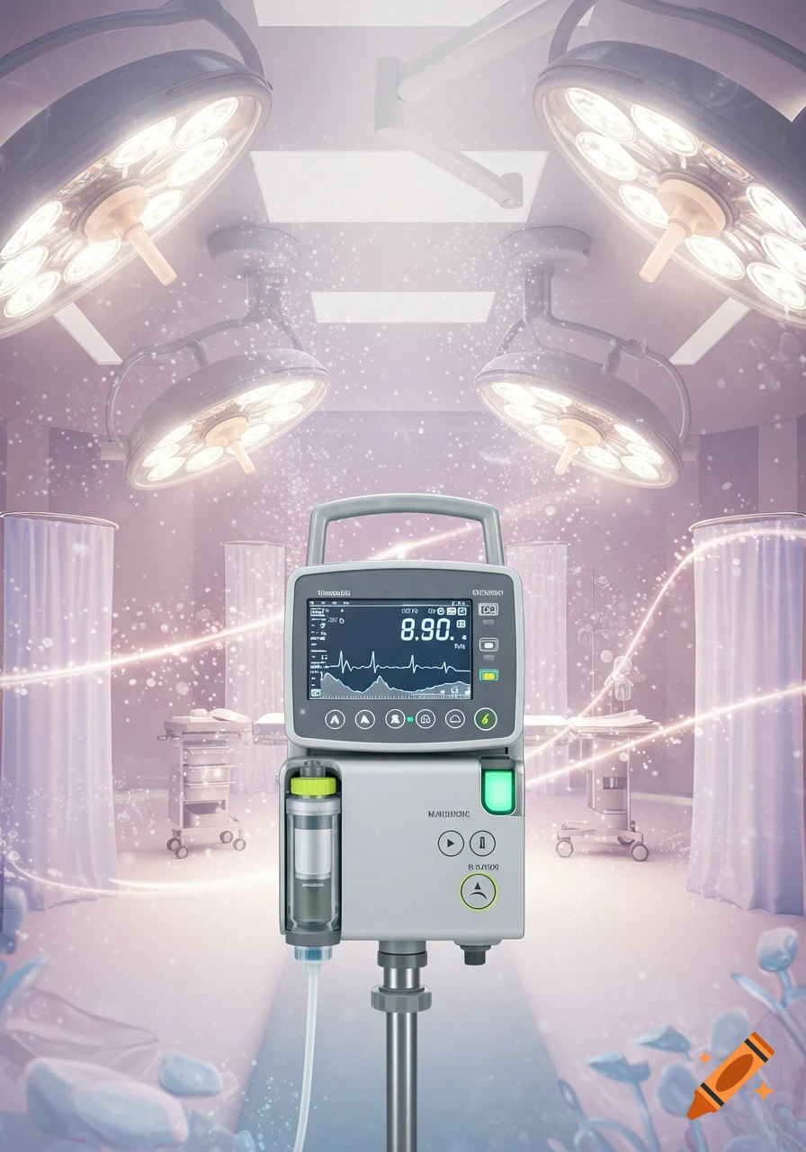 An infusion pump in an operating room with a fantasy-like background featuring glowing lines and sparkles, under bright surgical lights.